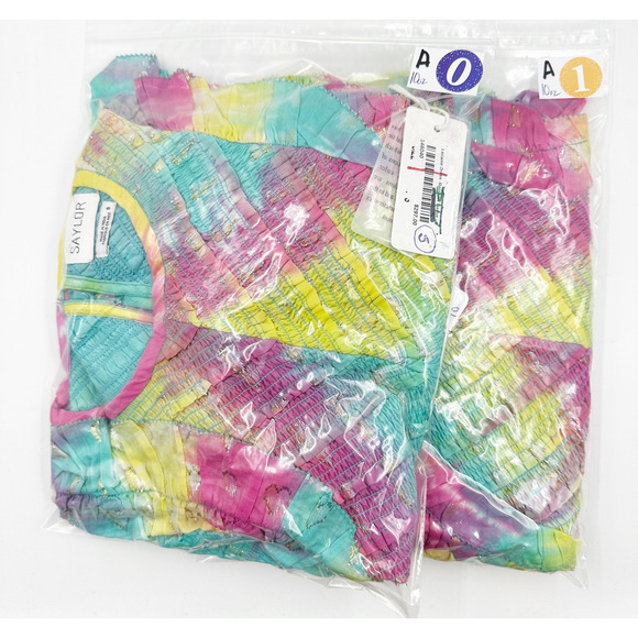 SAYLOR LEILANIE Smocked Cutout Back Mini Dress Rainbow Tie Die Aline Medium NEW - Picture 6 of 6
